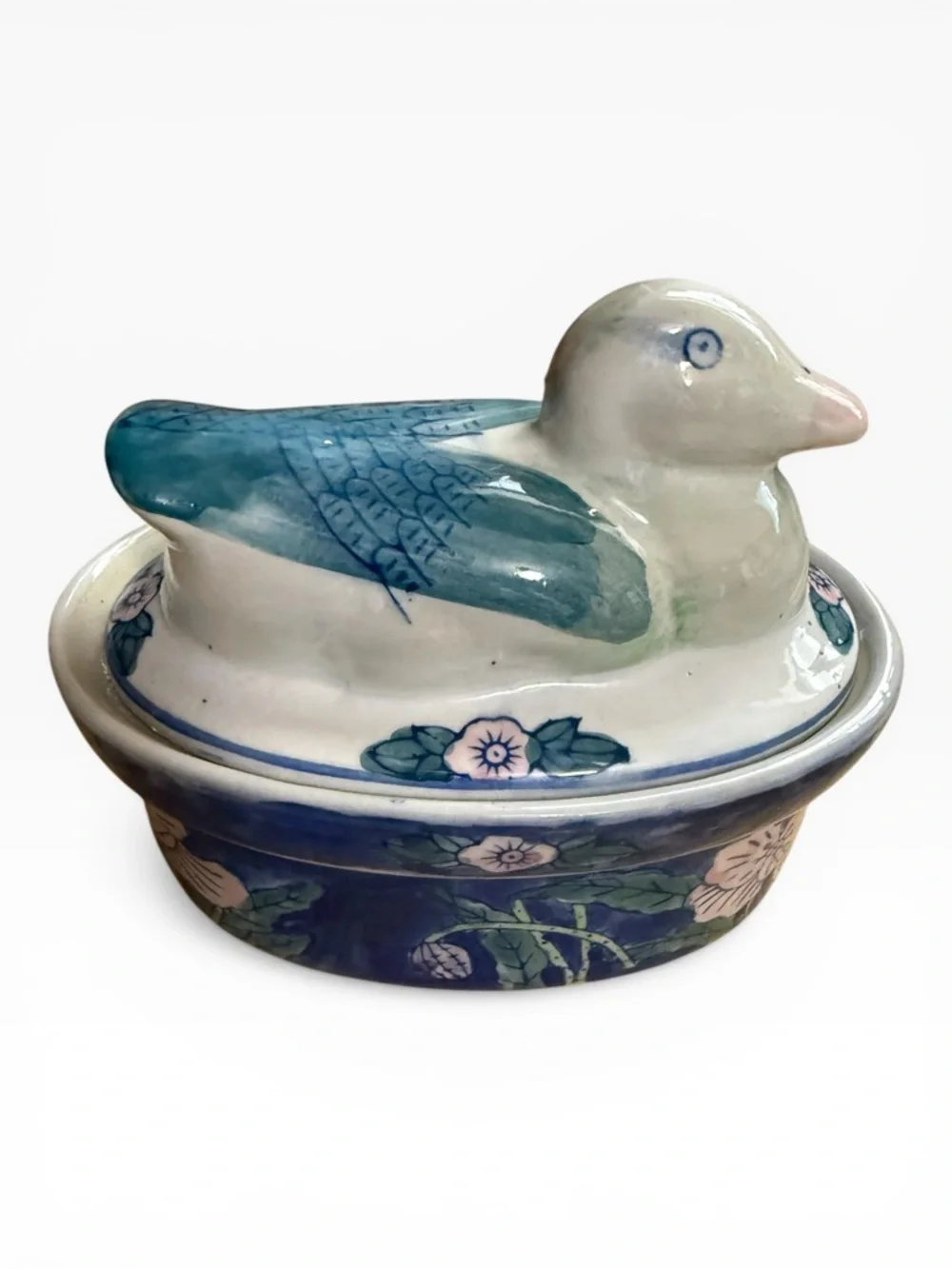 Vintage Ben Rickert Ceramic Oval Floral Nesting Duck Lidded Dish Trinket